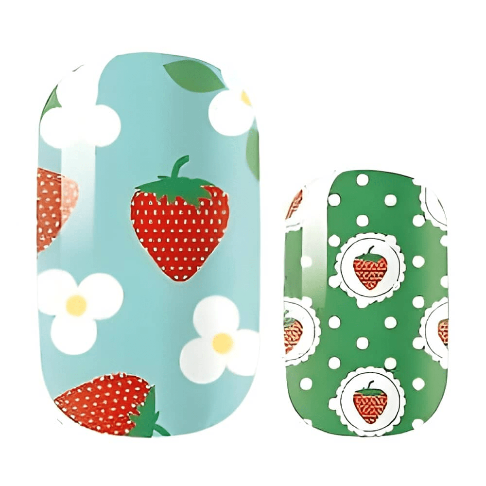 Nail wraps with glossy blue strawberry-and-daisy print and green polka-dot strawberry accent