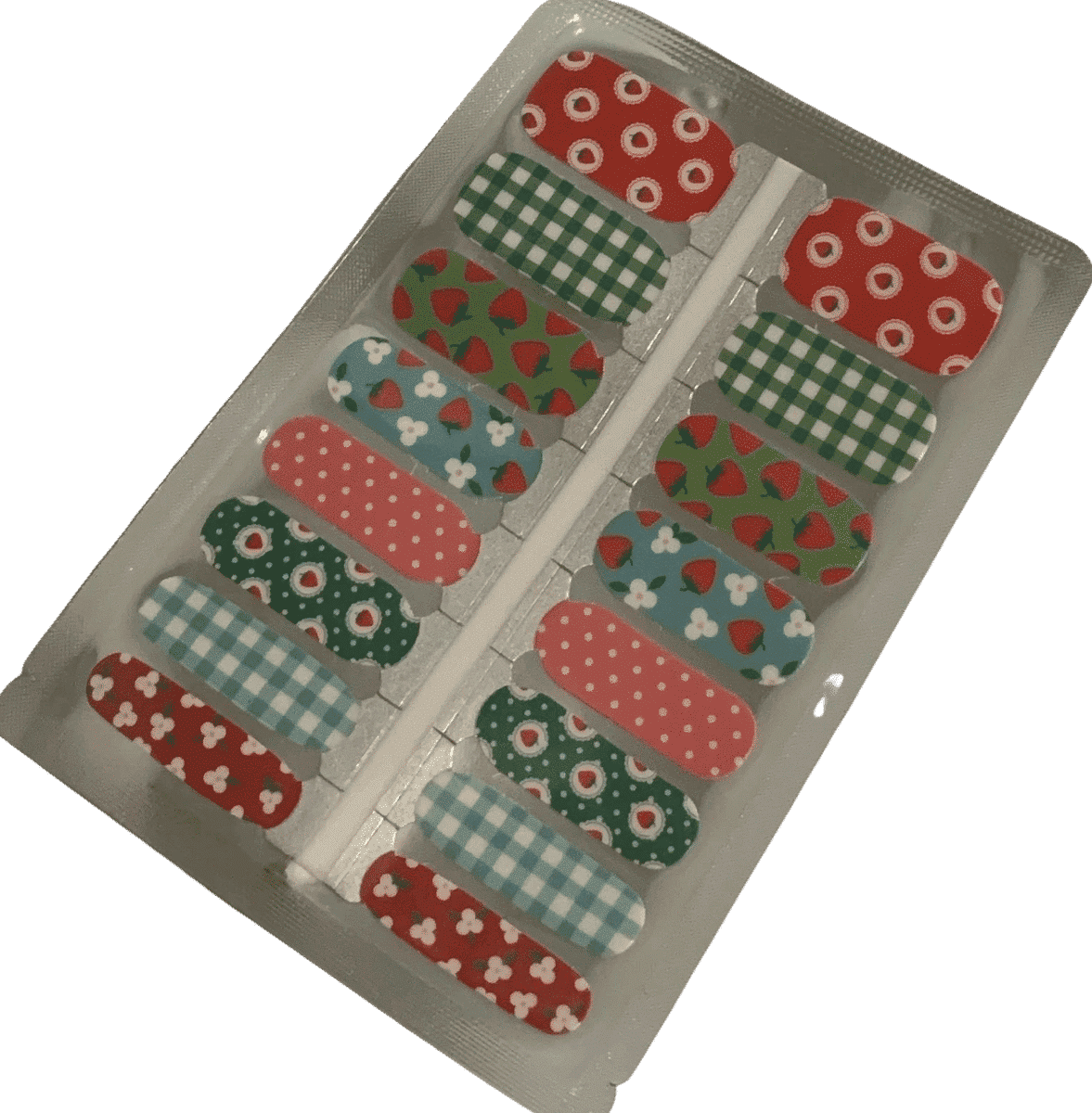 Non-UV nail wraps sheet featuring red strawberry, green gingham and white polka dot designs