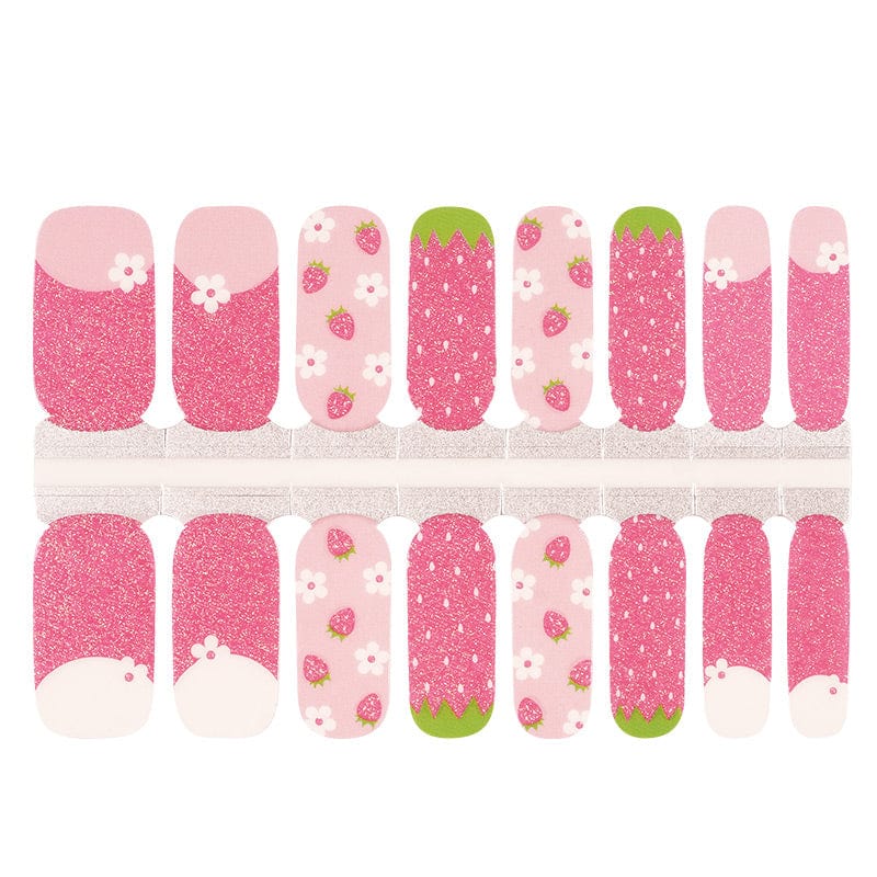 Pink strawberry nail wrap sheet showing glittery and fruit pattern designs for manicure