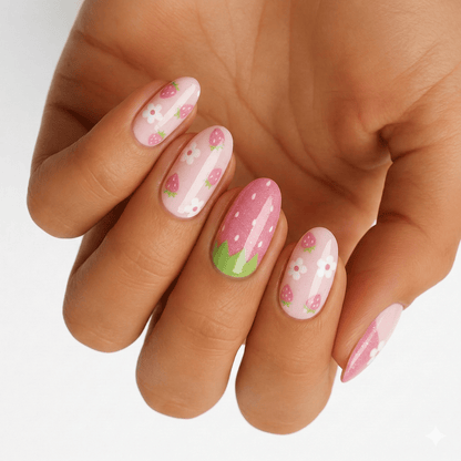 Hand wearing pink strawberry nail wraps with white polka dots and green accent designs
