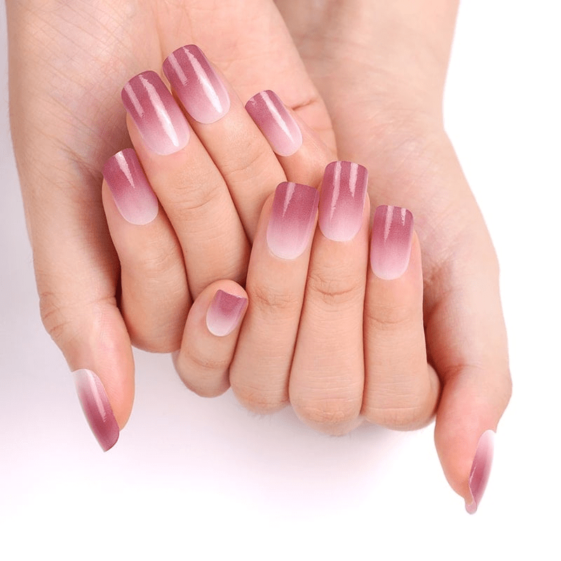 Mauve pink ombre nail wraps, glossy finish fading to sheer tip on square nails