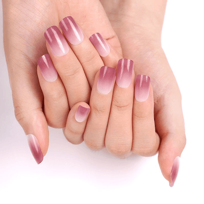 Mauve pink ombre nail wraps, glossy finish fading to sheer tip on square nails
