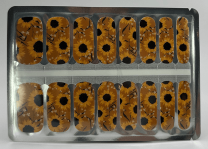 Yellow sunflower non-UV nail wraps sheet with black centres botanical floral design
