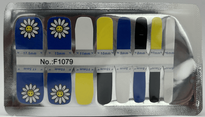 Blue pedicure nail wraps with white daisy flower design in various sizes