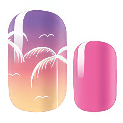 Purple pink sunset nail wraps with palm tree tropical design for summer manicure