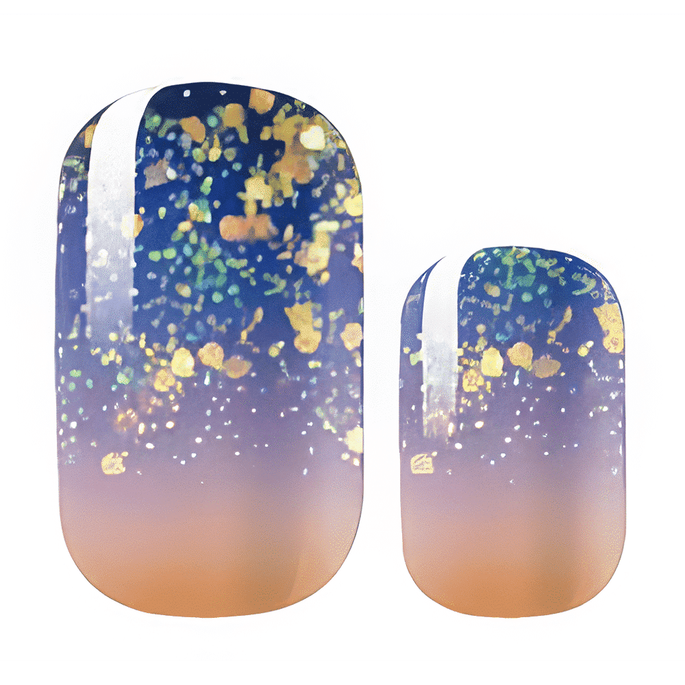 Navy-to-peach ombré nail wraps with gold glitter flecks and a white side stripe