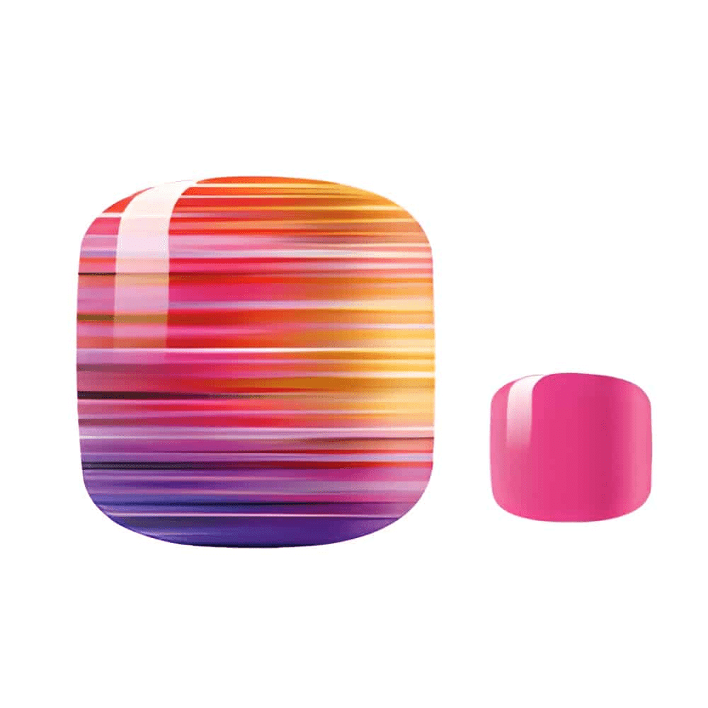 Sunset gradient nail wraps with pink orange purple ombre stripes for at-home pedicure