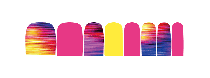 Multicoloured nail wrap collection showing sunset gradient and solid pink designs