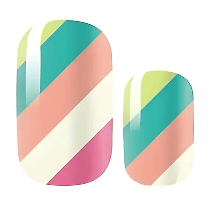 Diagonal striped nail wraps in coral pink teal geometric pattern for manicure