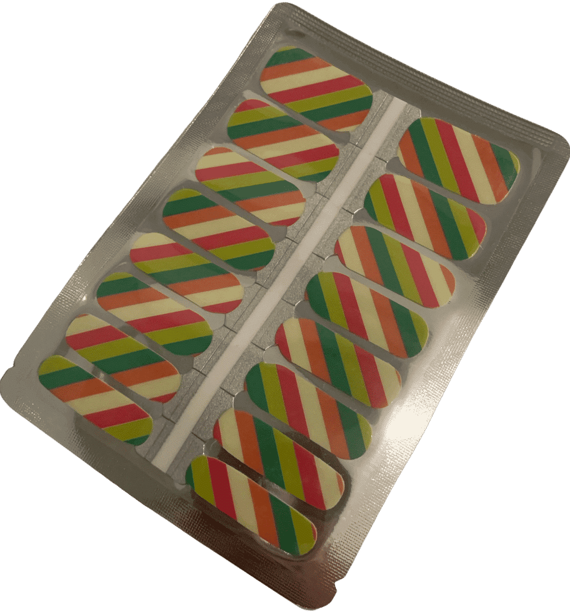 Sheet of diagonal striped nail wraps in coral pink green colours for at-home manicure
