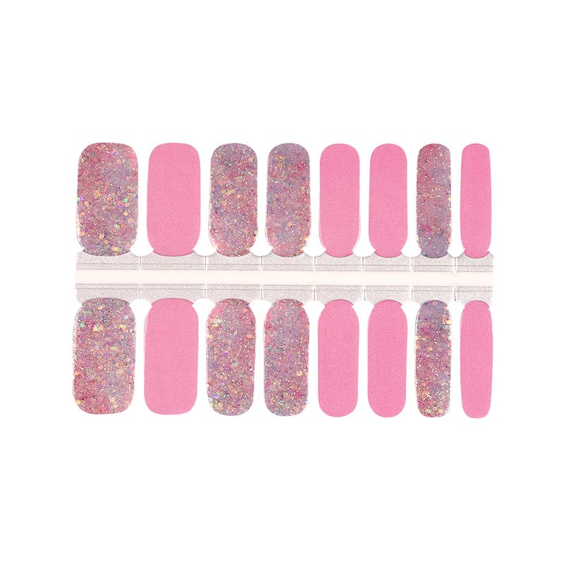 Pink glitter nail wraps sheet showing holographic sparkly and solid pink designs