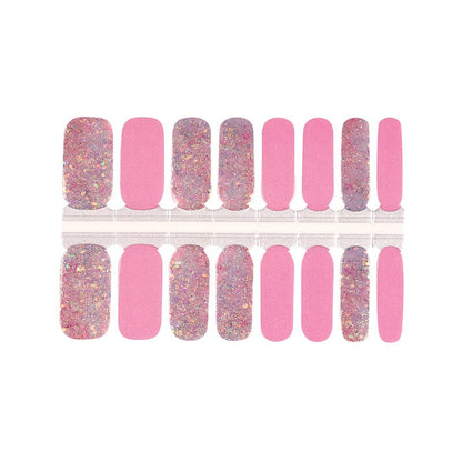 Pink glitter nail wraps sheet showing holographic sparkly and solid pink designs
