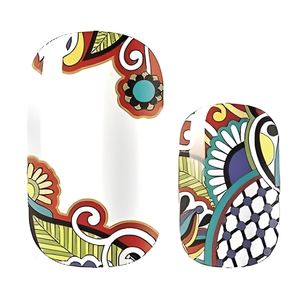 Multicolour paisley nail wraps with bohemian folk art swirl patterns in vibrant hues