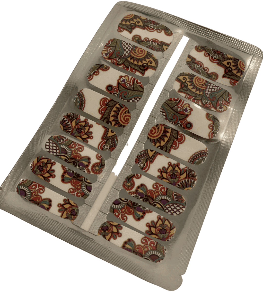 Non-UV nail wrap sheet showing multicoloured paisley patterns in bohemian folk art style