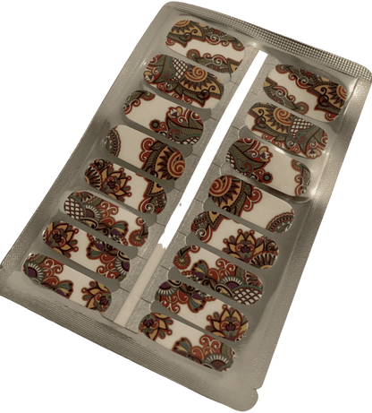Non-UV nail wrap sheet showing multicoloured paisley patterns in bohemian folk art style