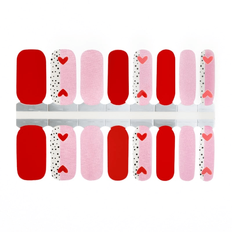 Non-UV nail wraps sheet featuring red pink heart polka dot romantic design