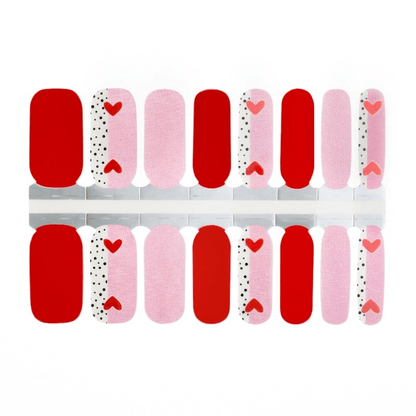Non-UV nail wraps sheet featuring red pink heart polka dot romantic design