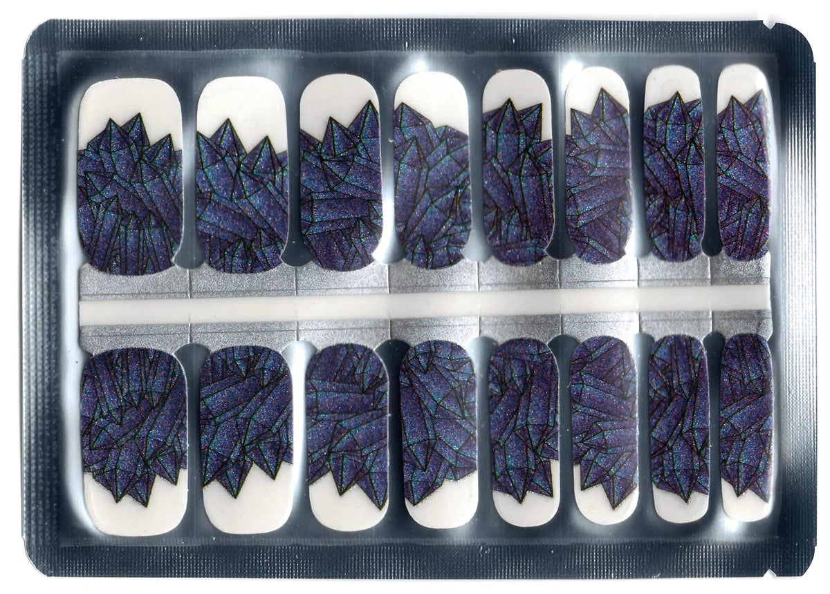 Purple geometric faceted crystal pattern nail wraps with prismatic shimmer effect