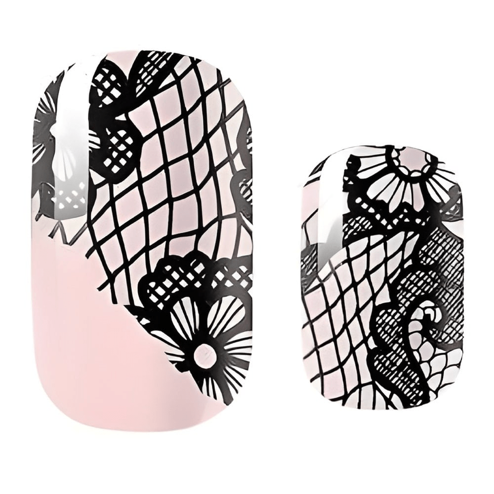 Black lace pattern non-UV nail wraps with pink base showing elegant vintage design