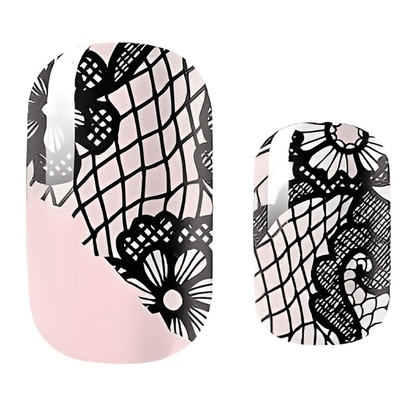 Black lace pattern non-UV nail wraps with pink base showing elegant vintage design