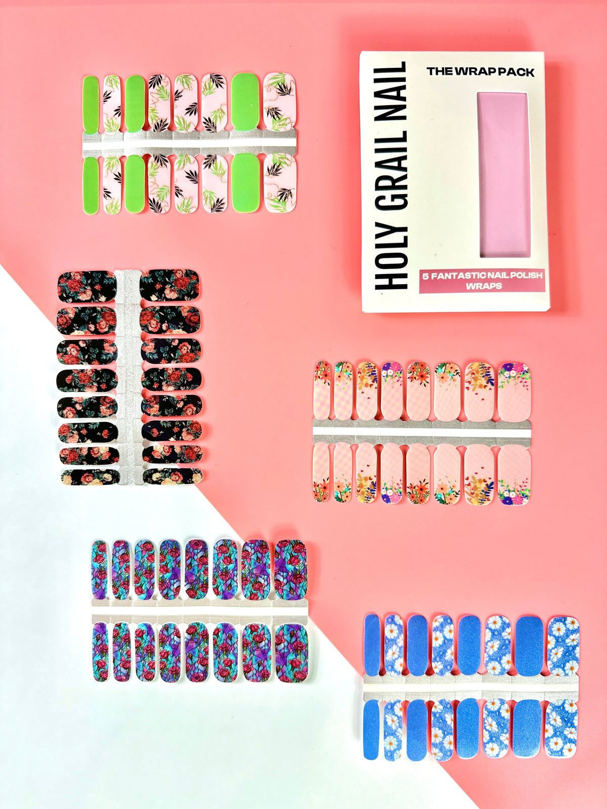 Floral nail wraps variety pack featuring botanical designs in coral, navy and sage green colours