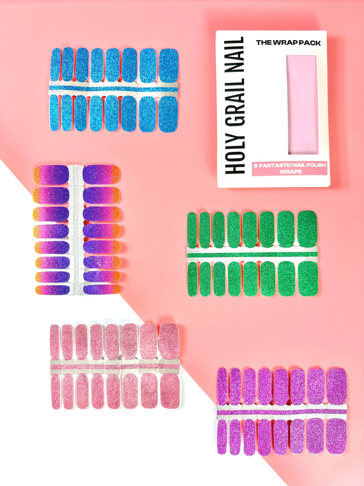 Glitter nail wraps collection pack featuring blue, purple, green, pink and magenta sparkly designs