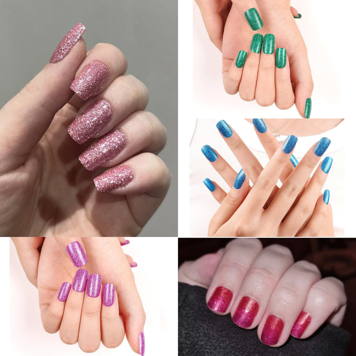 Nail wraps in glittery pink, green, blue, purple and red shimmer finishes, square shape