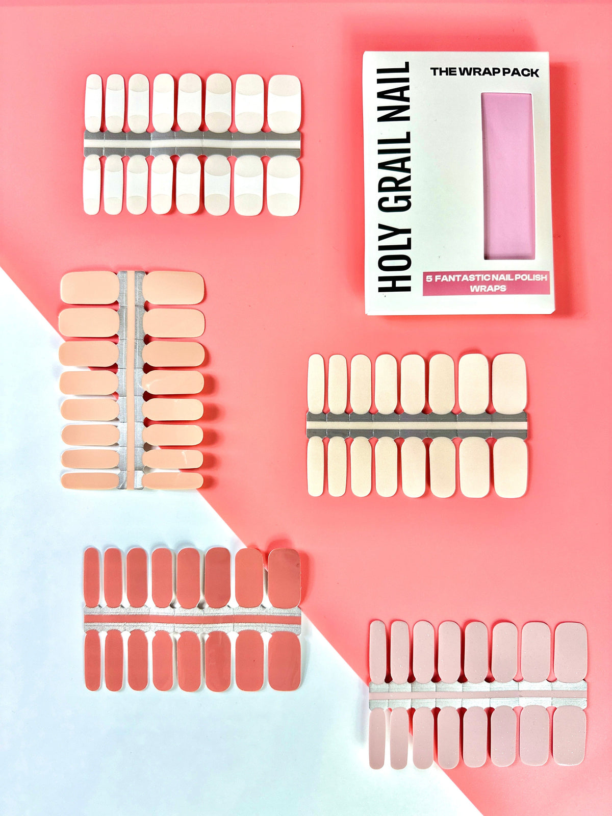 Light nude nail wraps collection showing peachy pink beige neutral shades for natural manicure