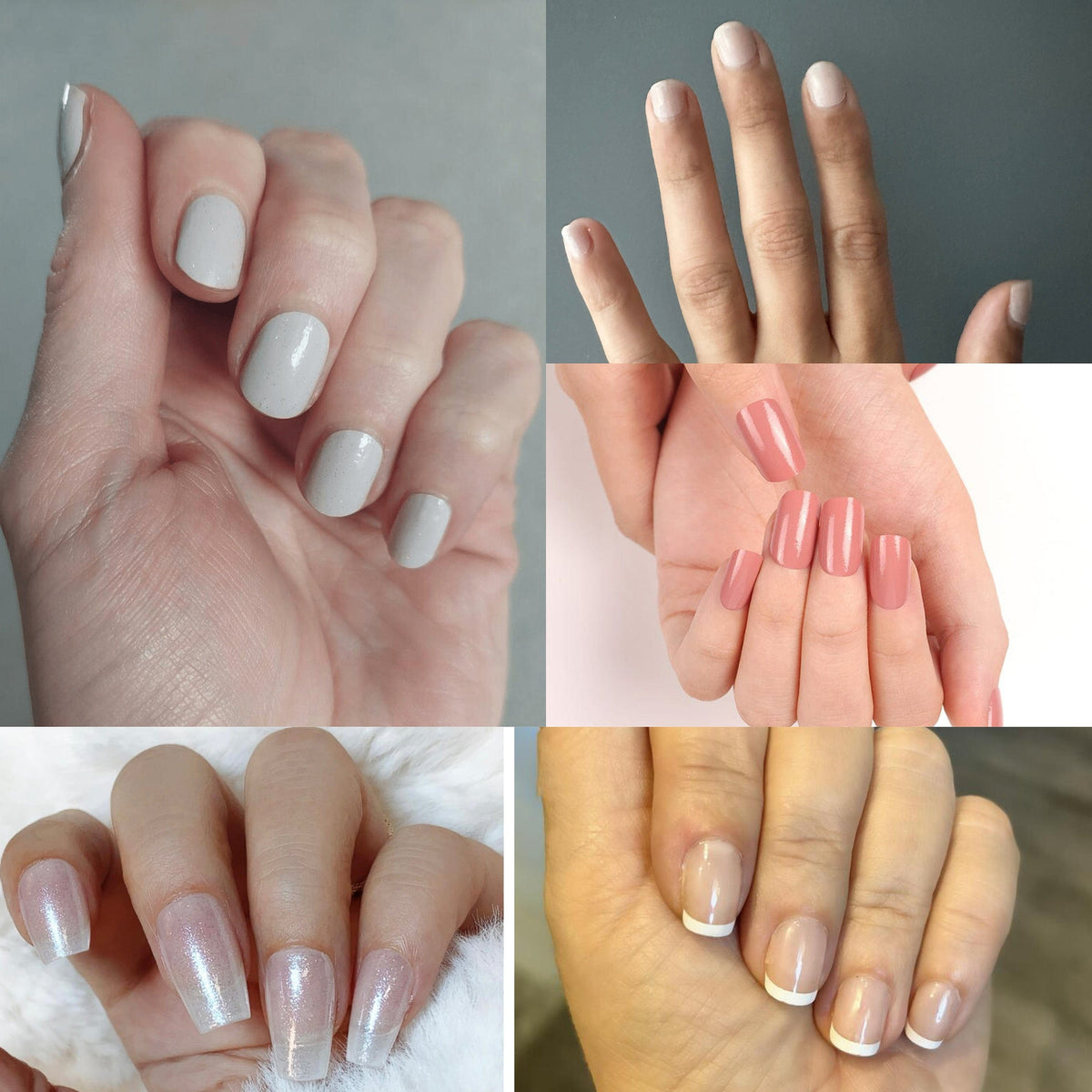 Hands wearing nude nail wraps in natural beige pink tones for professional manicure look