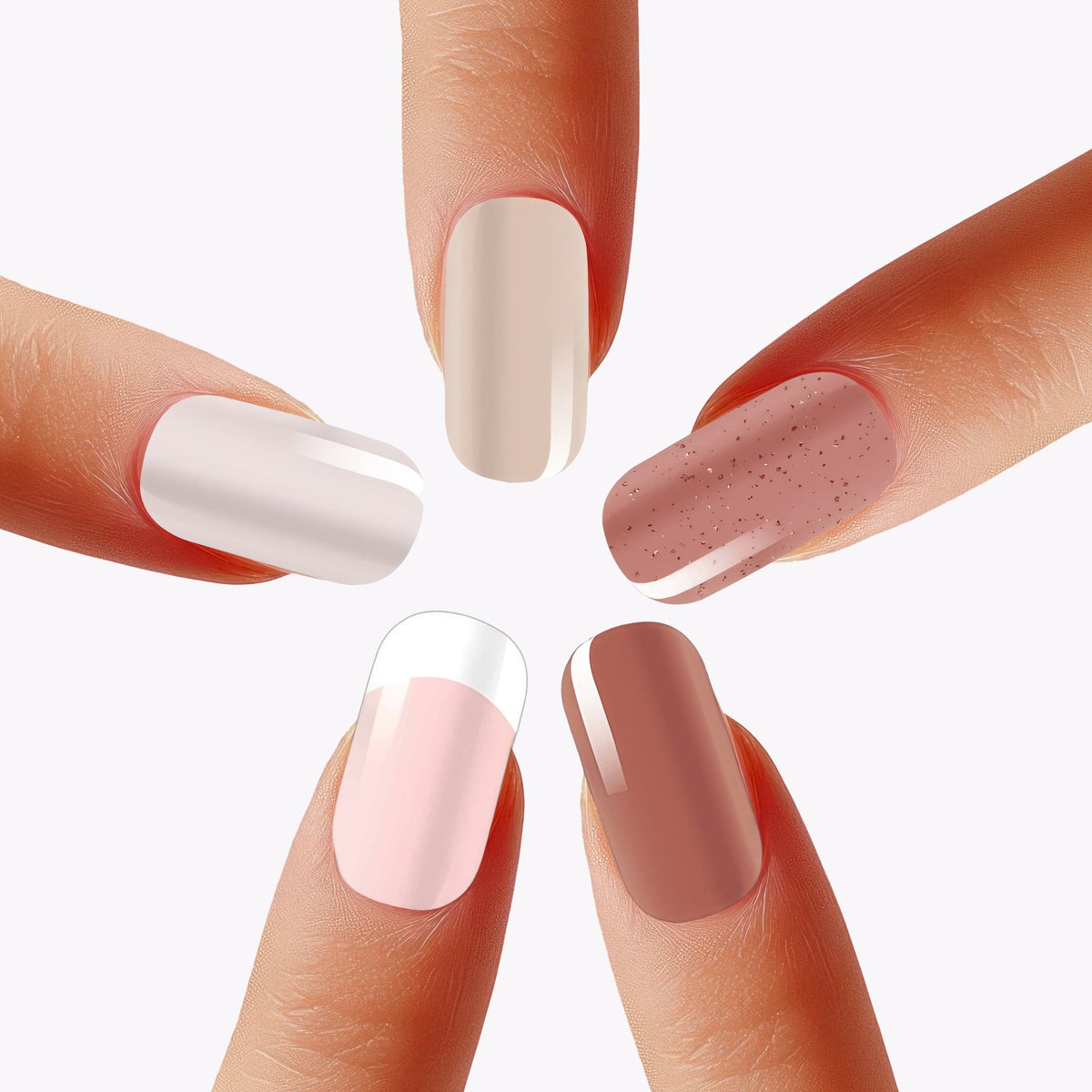 Nail wraps in glossy nude shades: white, beige, pink-brown glitter, french tip, mocha
