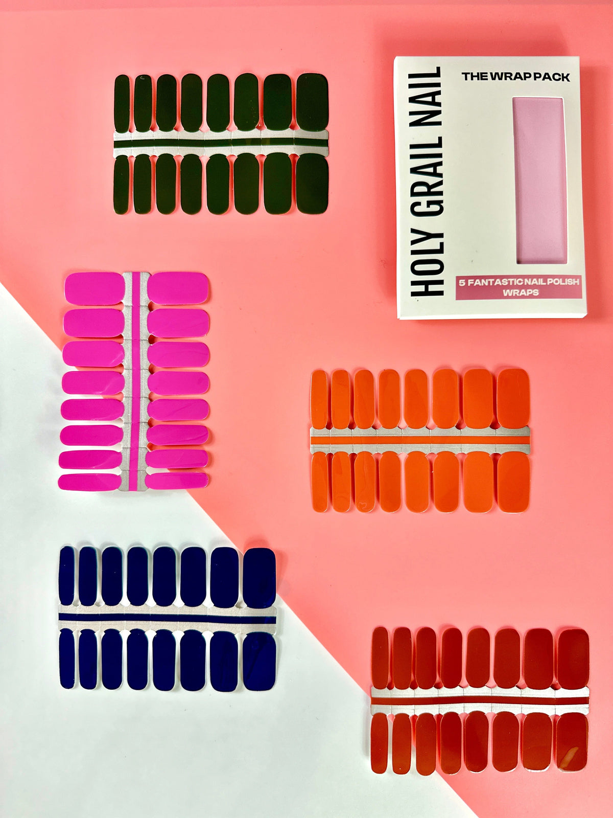 Holy Grail Nail wraps set: glossy olive, pink, orange, navy and red solid colours