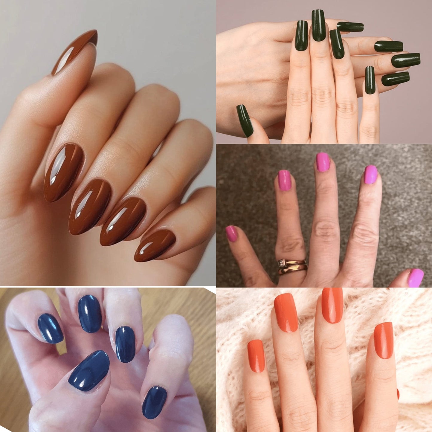 Nail wraps in glossy chocolate brown, deep green, pink, navy and orange colours shown on hands