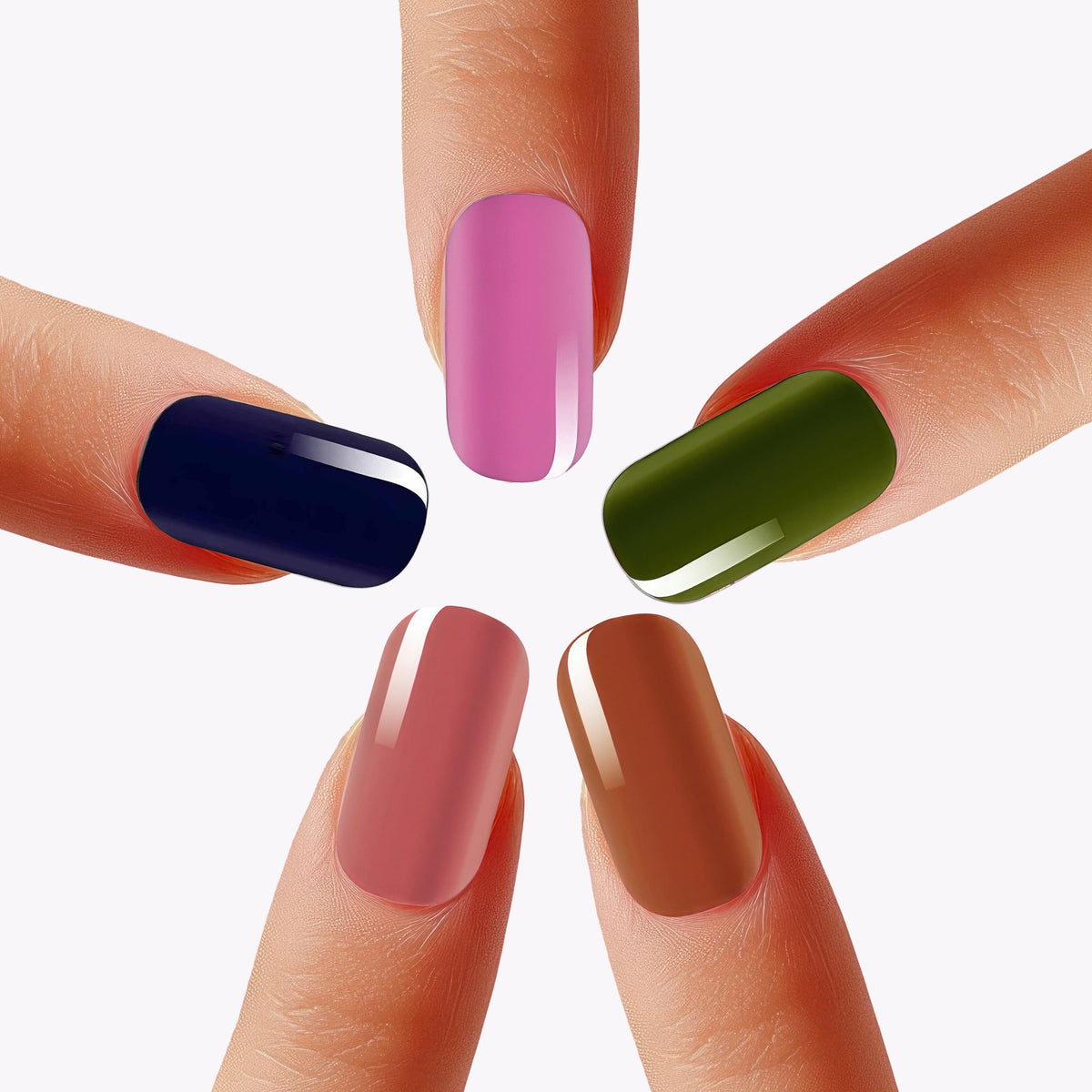 Five fingers displaying bold coloured nail wraps in navy pink green coral brown shades