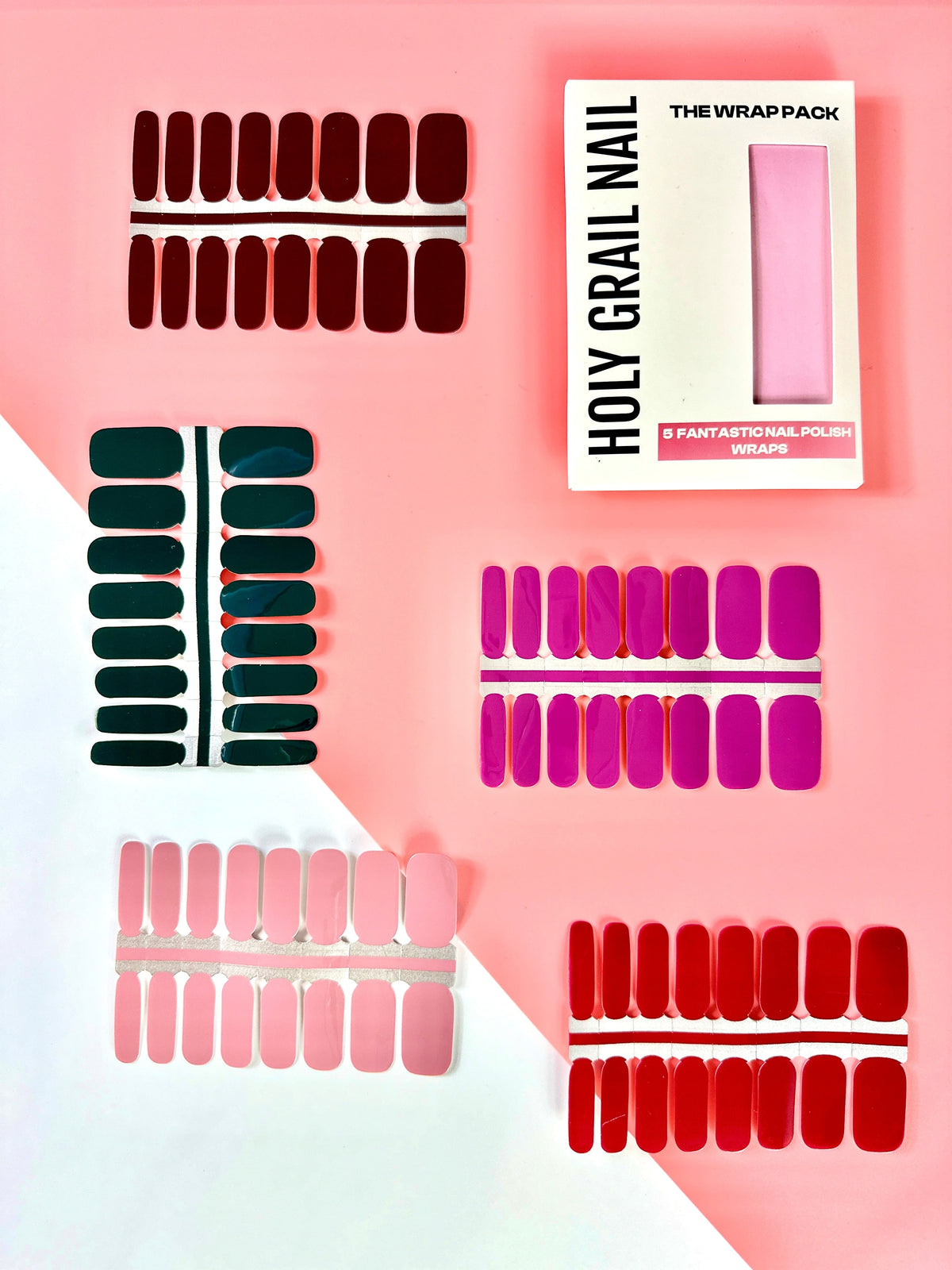 Non-UV nail wrap collection featuring burgundy, green, purple, pink and red classic colours