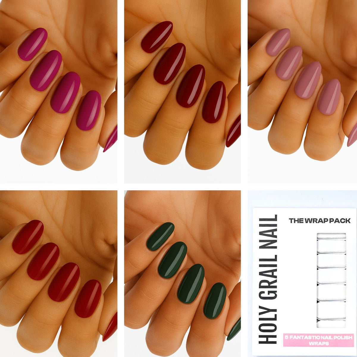 Holy Grail Nail wraps set: glossy magenta, deep red, mauve, berry and forest green shades