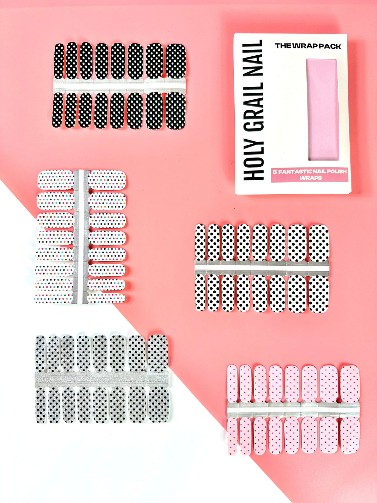 Non-UV nail wrap sheets with polka dot patterns in black, white, grey and pink