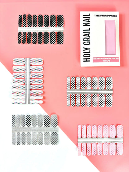 Non-UV nail wrap sheets with polka dot patterns in black, white, grey and pink