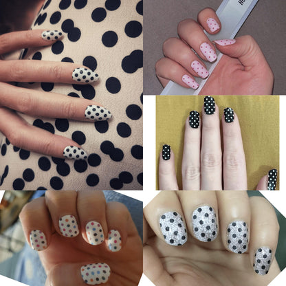 Customer photos showing polka dot nail art wraps in black and white spotted designs