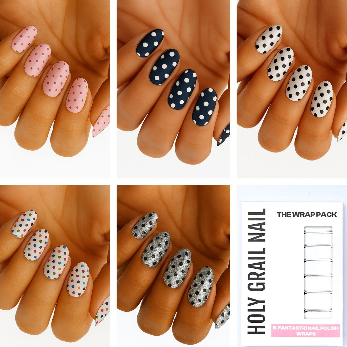 Set of five nail wrap designs: pink, navy, cream, white and silver polka dot patterns