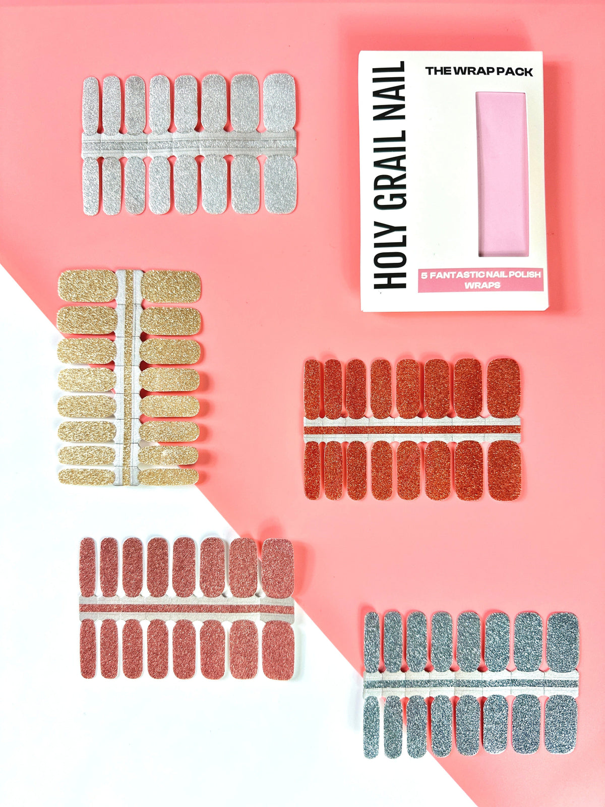 Nail wrap sheets in metallic colours copper bronze silver gold showing complete manicure set