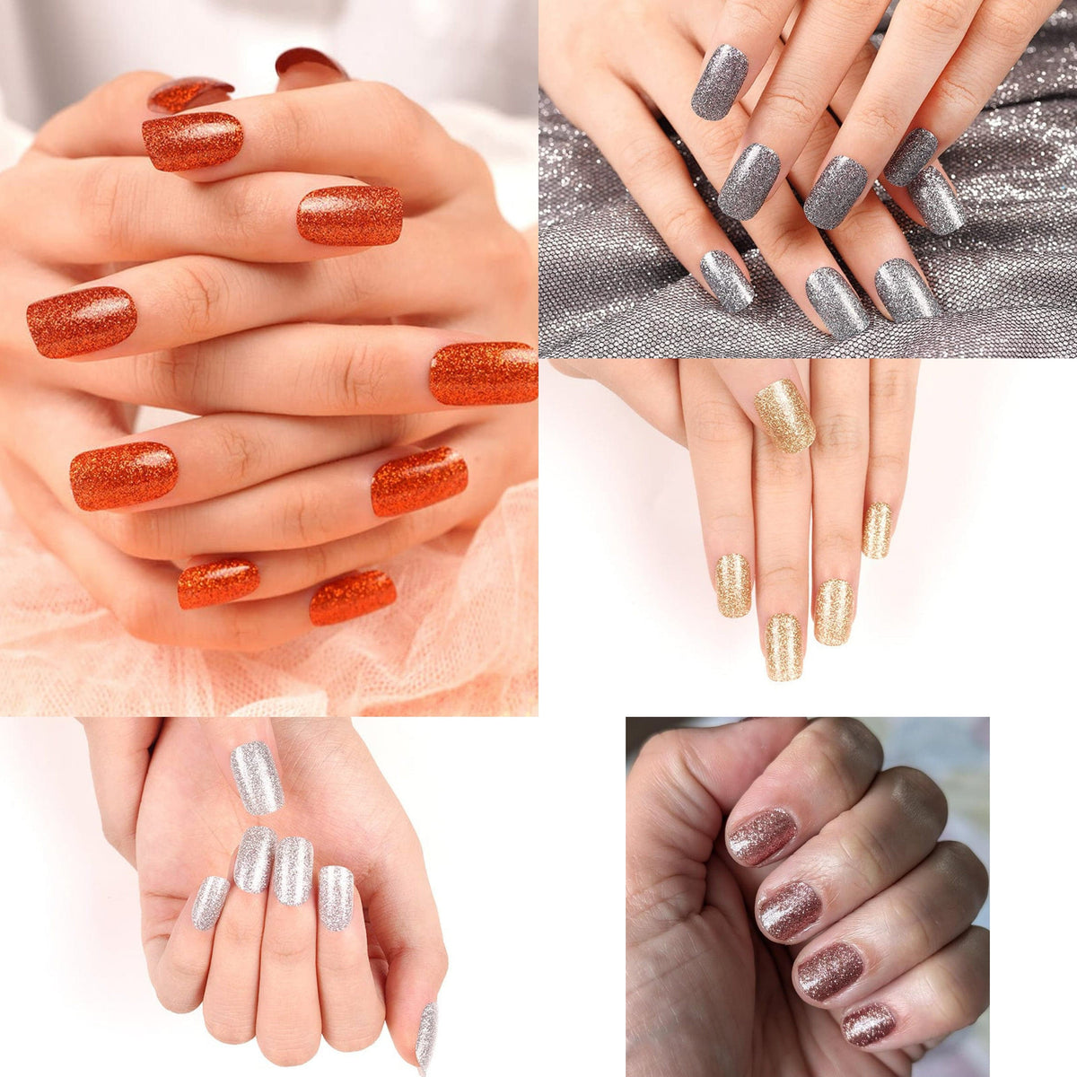 Glitter nail wraps collection showing copper bronze silver gold metallic finishes on hands