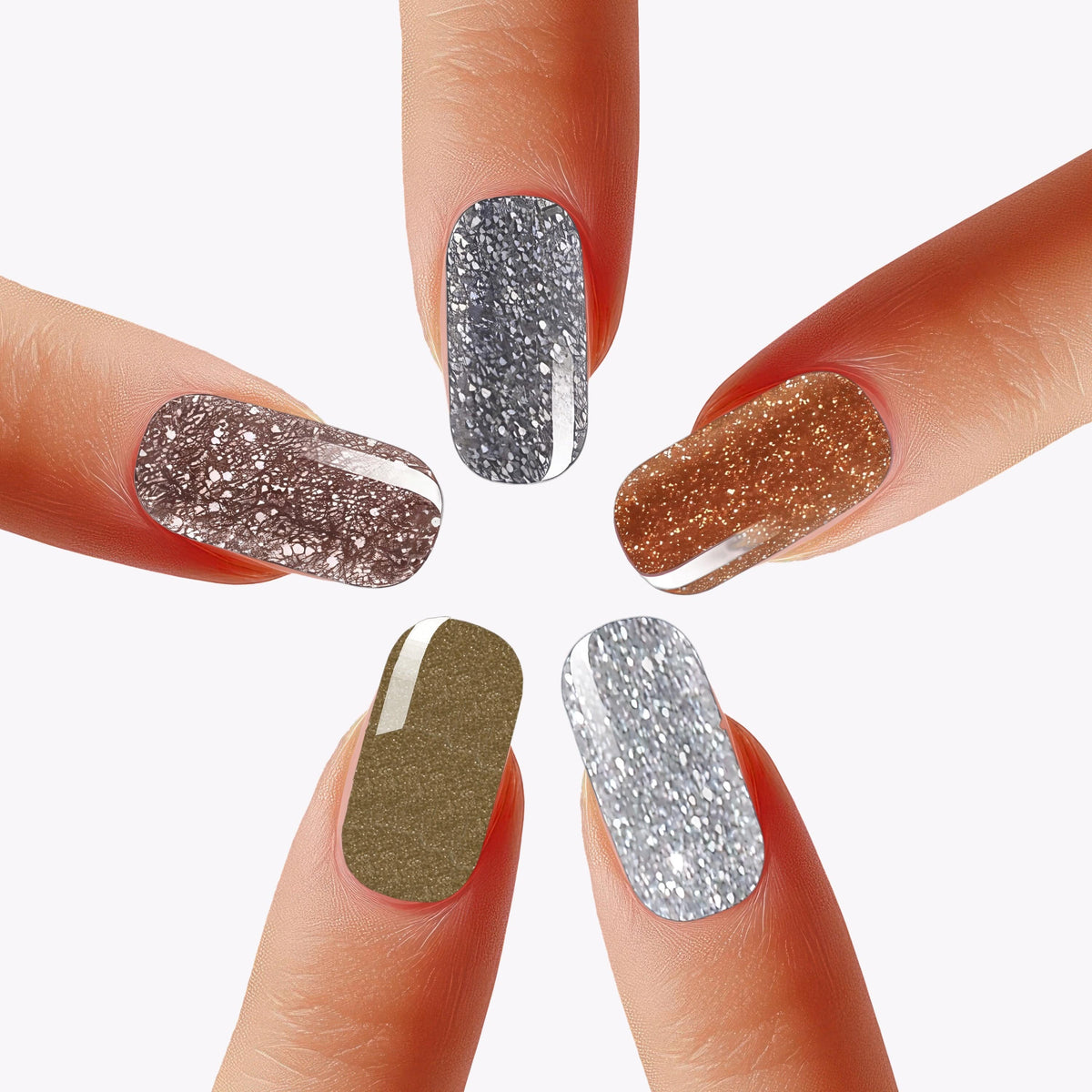 Five fingers displaying different metallic nail wraps in silver bronze gold glitter finishes