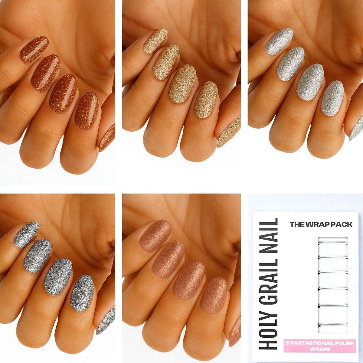 Holy Grail Nail wraps in copper, gold, silver and rose gold glitter shades, set of five finishes