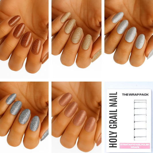 Holy Grail Nail wraps in copper, gold, silver and rose gold glitter shades, set of five finishes