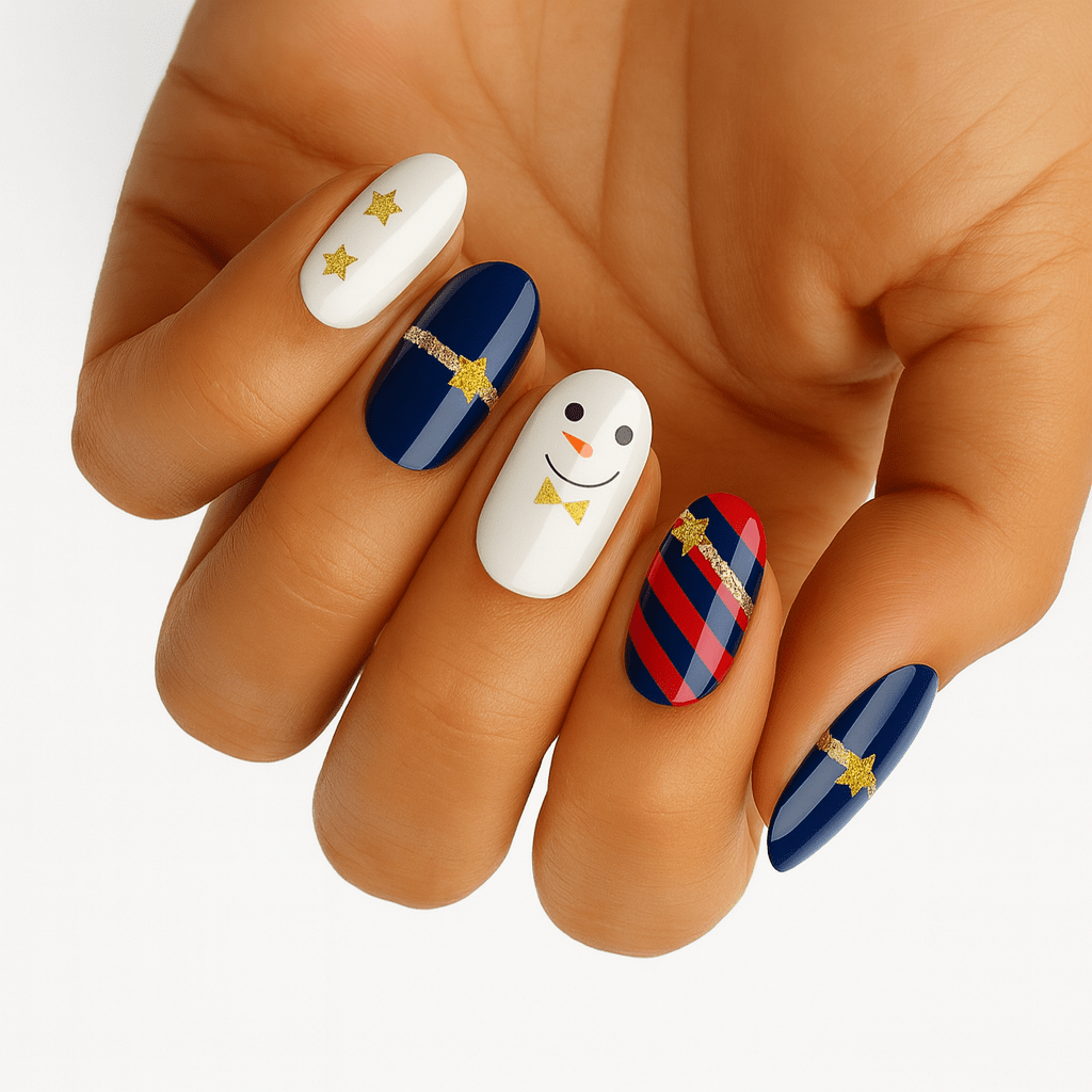 Christmas snowman nail wraps on hand featuring white nails with smiley faces and navy blue striped designs