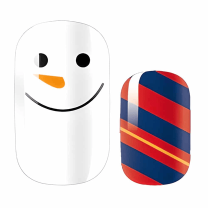 Festive nail wraps showing white snowman face design and navy blue with red diagonal stripes pattern