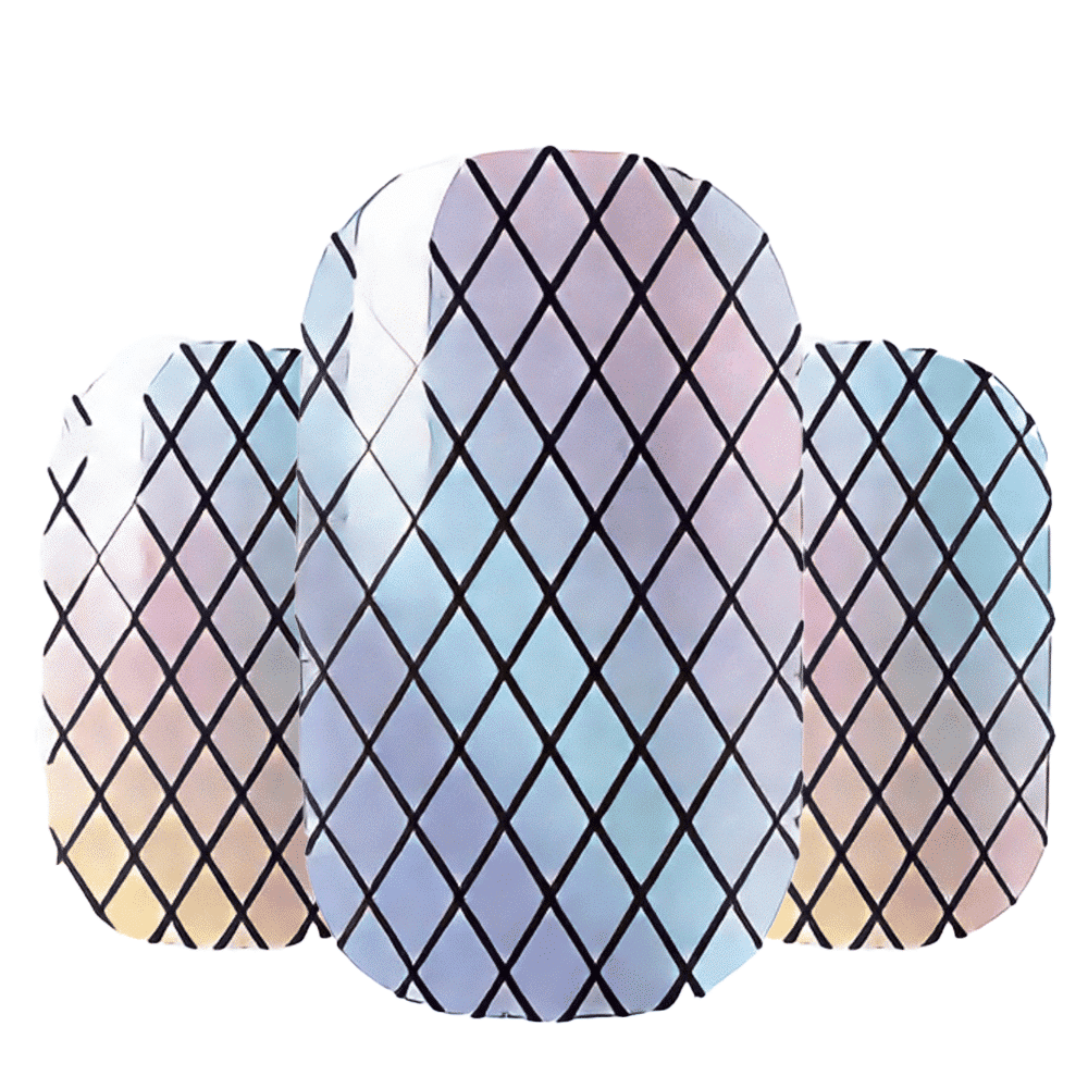 Iridescent holographic diamond grid nail wraps showing rainbow chrome geometric pattern