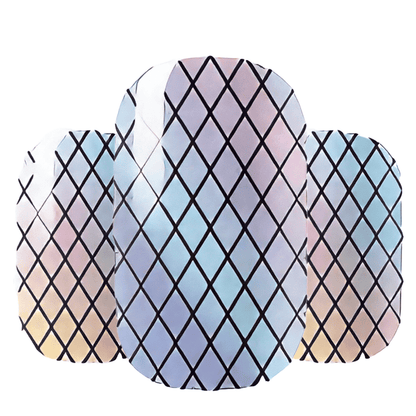 Iridescent holographic diamond grid nail wraps showing rainbow chrome geometric pattern