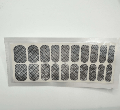 Silver holographic geometric grid nail wraps sheet showing 20 piece wide fit sizes