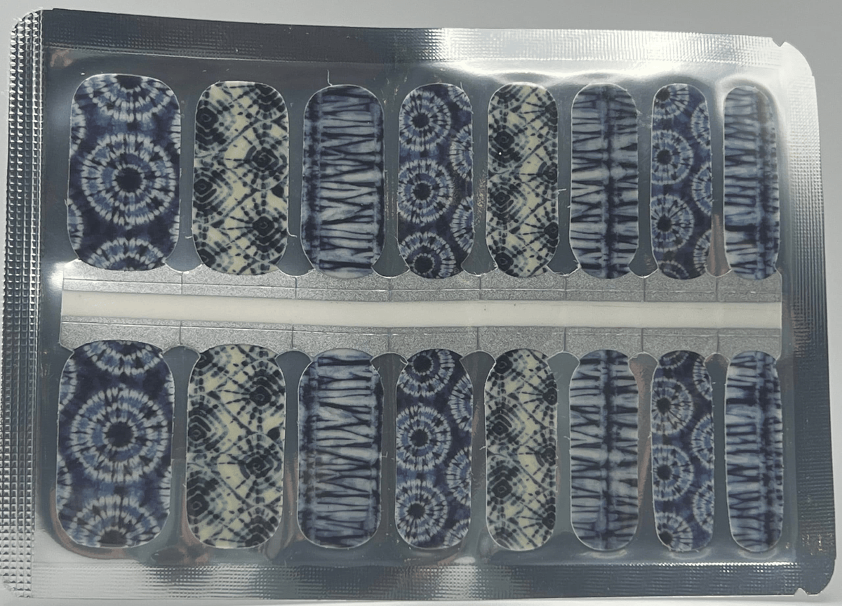 Navy blue tie dye non-UV nail wraps sheet showing bohemian watercolour designs
